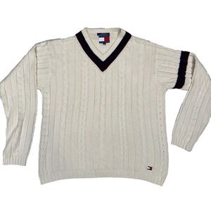 Vintage Tommy Hilfiger Sweater Mens Medium Beige Cable Knit Ribbed Trim V Neck